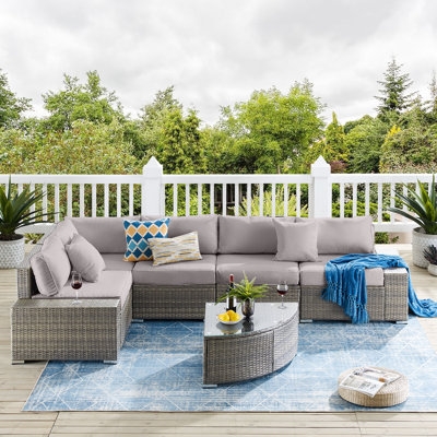 Aaleeya 6 Piece Rattan Sectional Seating Group with Cushions / Frame color: Gray/ Seats: Beige - Image 1