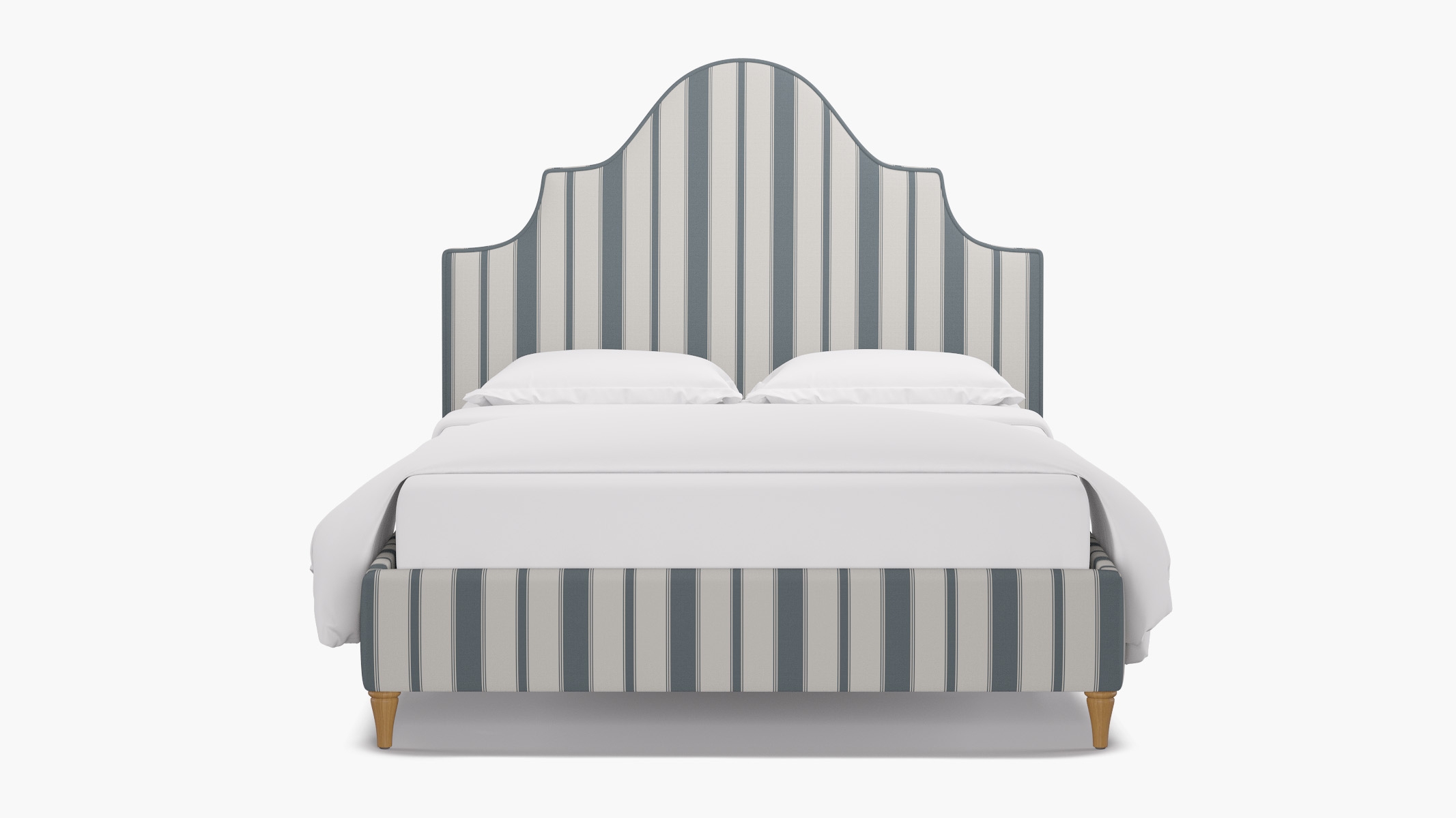Statement Bed, French Blue Clarence Stripe, Natural Decorative Tapered Leg, King - Image 0