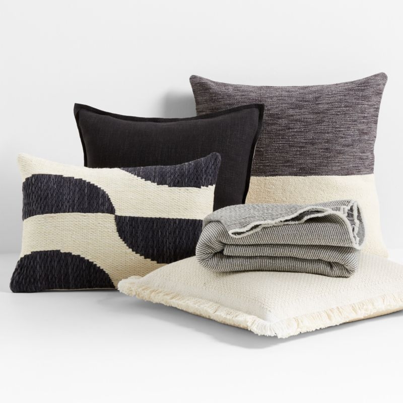 Biella Wool-Cotton Blend Textured 23x23 Ink Black Throw Pillow Cover with Down-Alternative Insert - Image 1