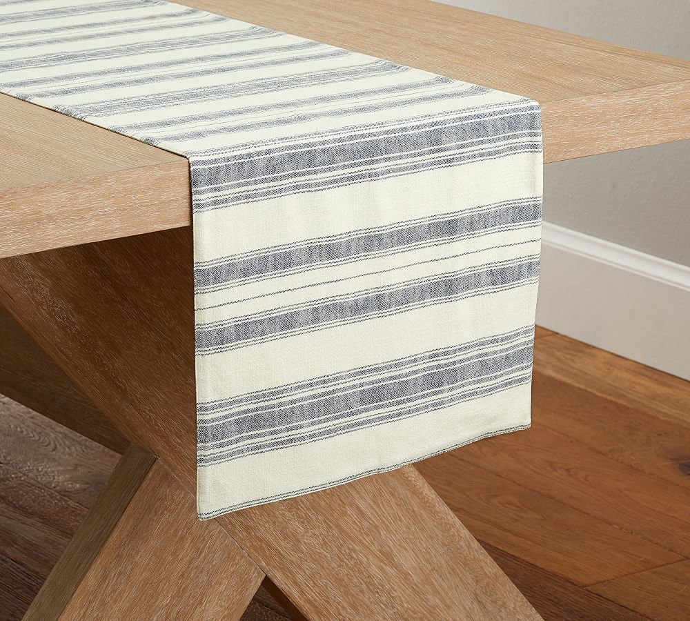 French Striped Organic Cotton Table Runner - Blue/Flax - Image 0