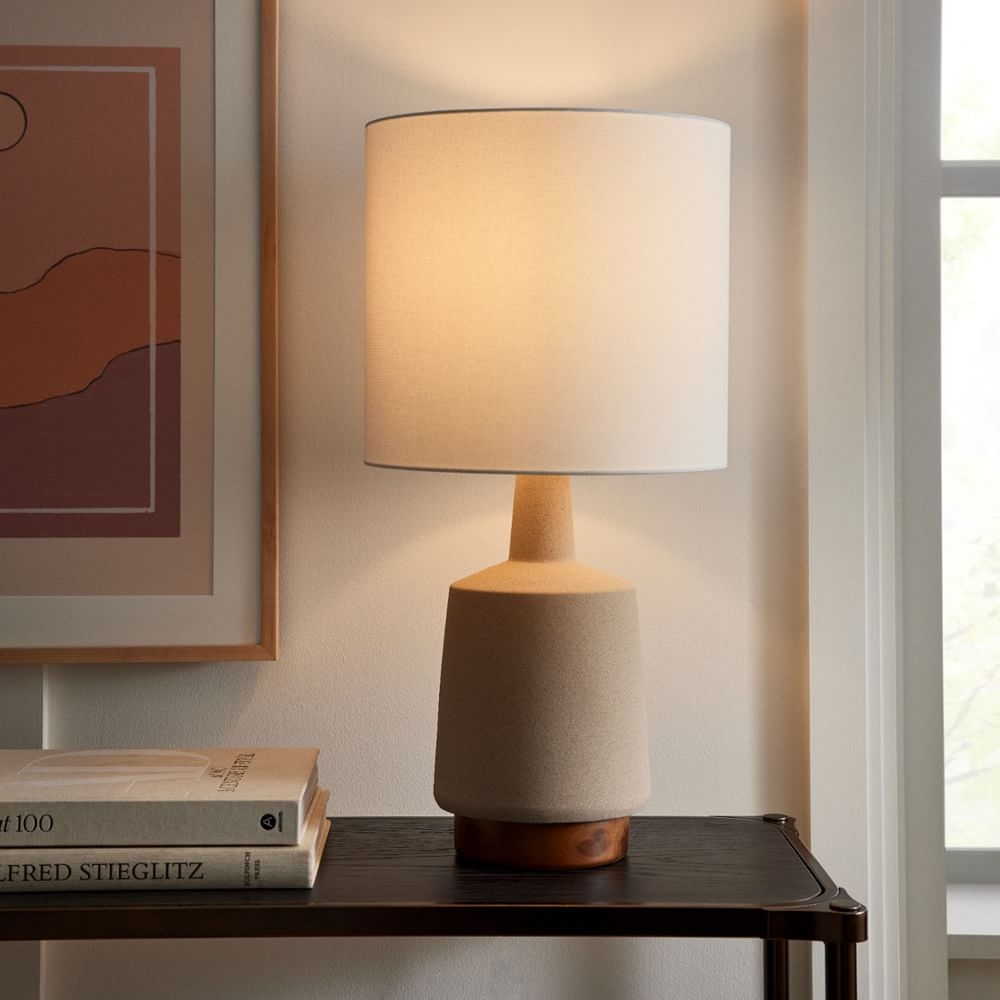 Wood and Ceramic Table Lamp Sand White Linen (26") - Image 0