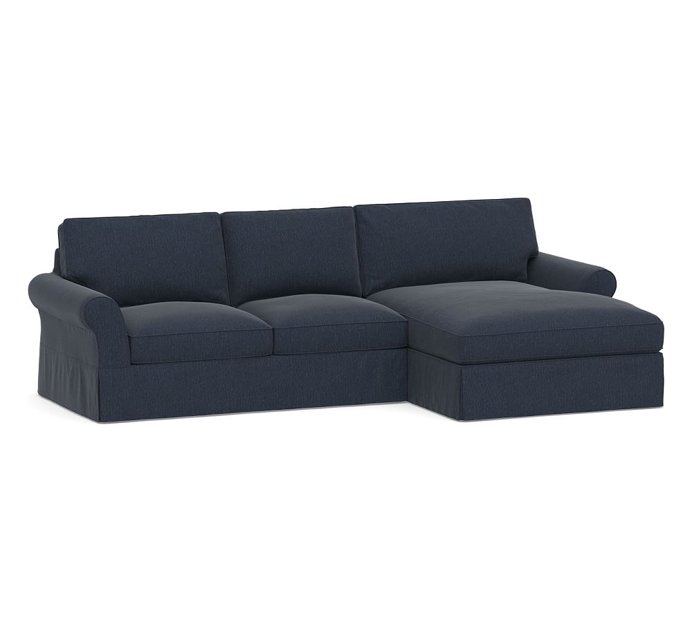 PB Comfort Square Arm Slipcovered Left Arm Loveseat with Double Chaise Sectional, Box Edge Memory Foam Cushions, Sunbrella Performance Chenille Indigo - Image 0
