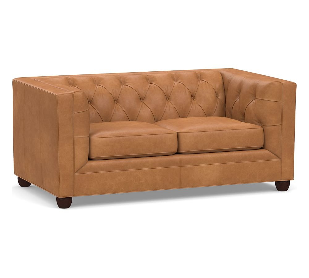 Chesterfield Square Arm Leather Loveseat, Polyester Wrapped Cushions, Churchfield Camel - Image 0