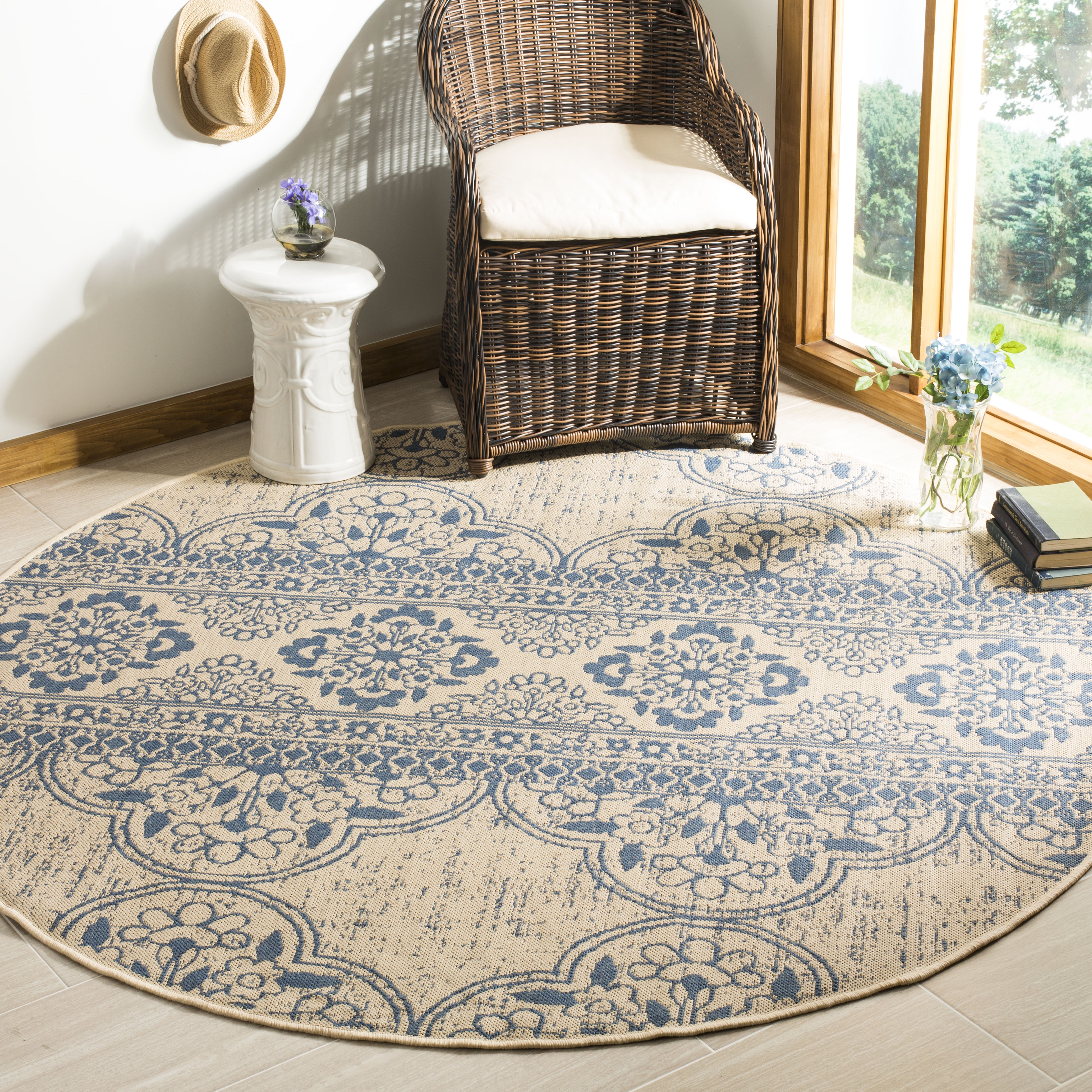 Arlo Home Indoor/Outdoor Woven Area Rug, LND174M, Blue/Cream,  6' 7" X 6' 7" Round - Image 1