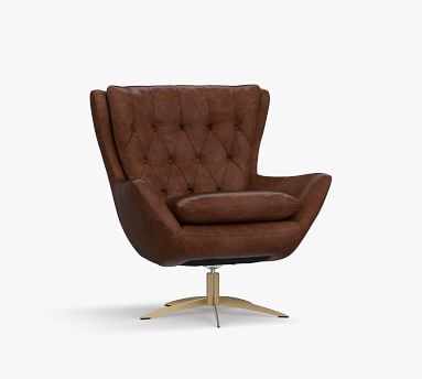 Wells Leather Petite Swivel Armchair with Brass Base, Polyester Wrapped Cushions, Vintage Camel - Image 2
