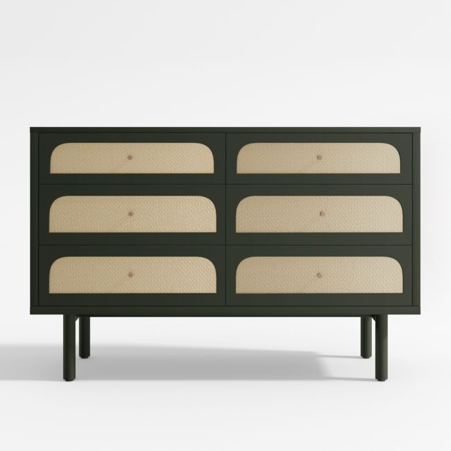 Maren Olive Green and Cane Wood 6-Drawer Dresser - Image 0