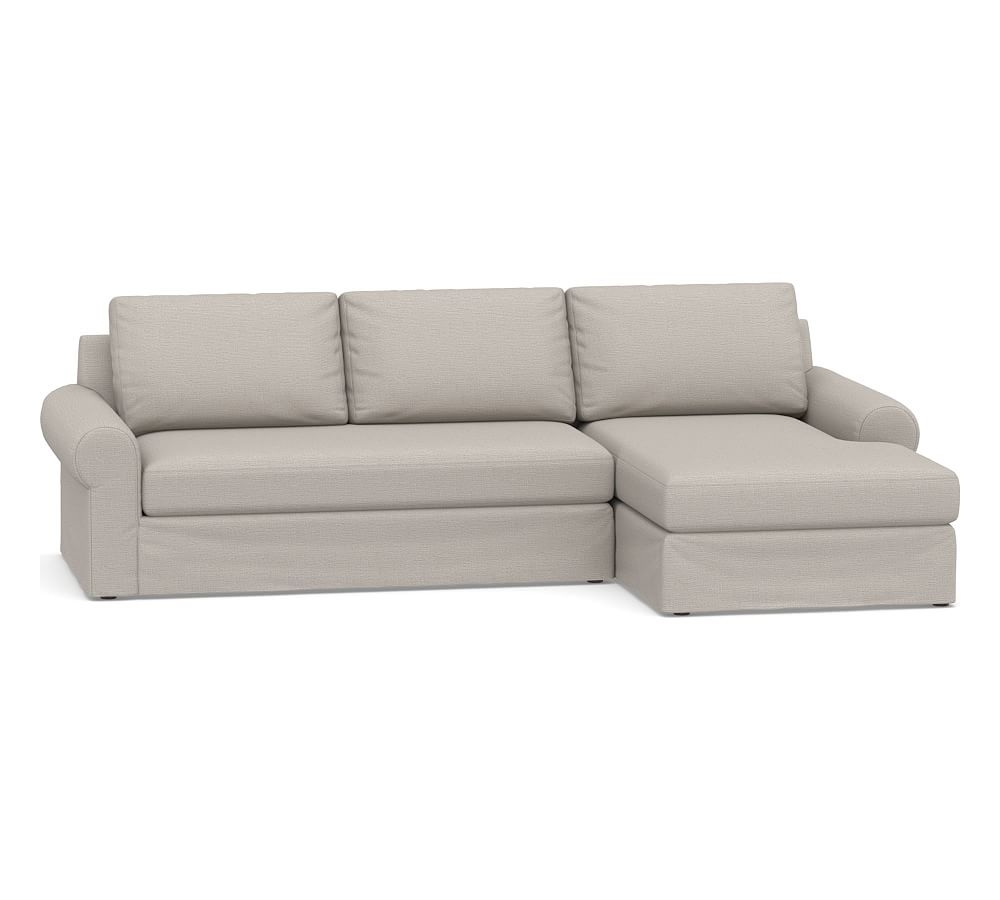 Big Sur Roll Arm Slipcovered Left Arm Loveseat with Chaise Sectional and Bench Cushion, Down Blend Wrapped Cushions, Chunky Basketweave Stone - Image 0