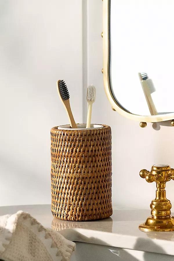 Handwoven Rattan Round Tumbler with Ceramic Insert - Image 0