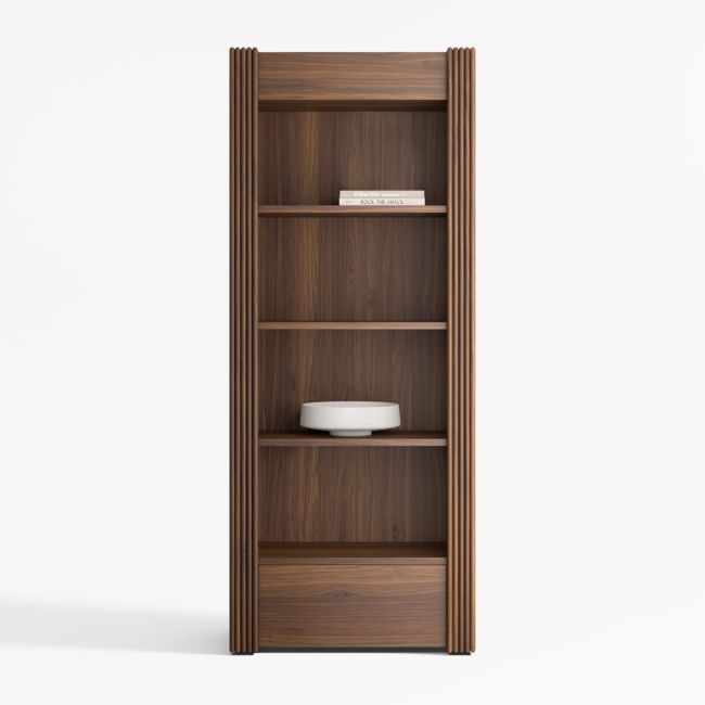Siena 34" Walnut Wood 4-Shelf Storage Bookcase with Drawer - Image 0