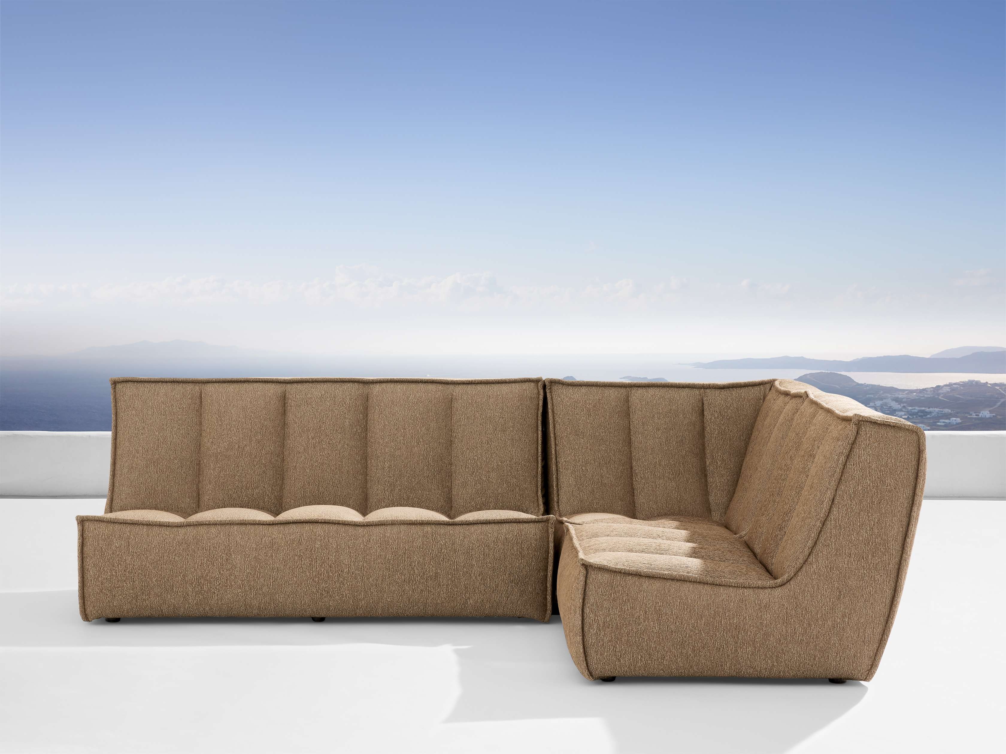 Porto Outdoor Three-Piece Corner Sectional in Upholstered Brown  Adrian Cocoa - Image 0