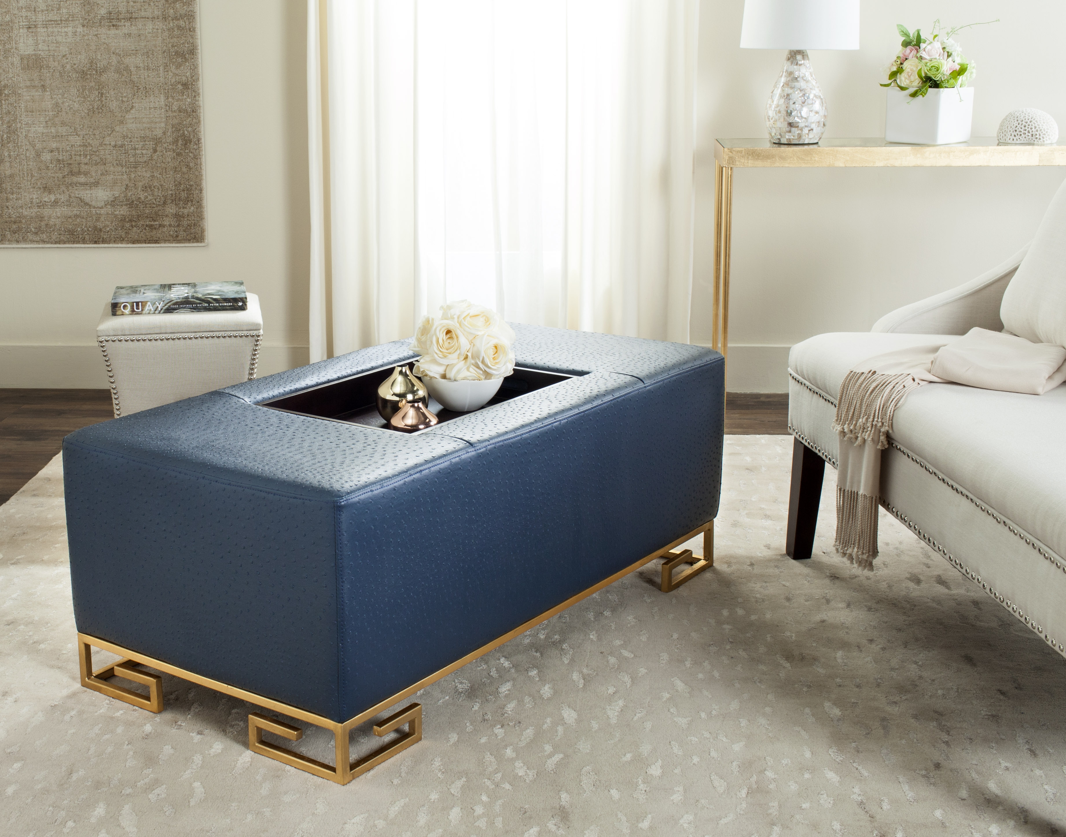 Julian Faux Ostrich Tray Ottoman/Coffee Table - Navy/Espresso - Safavieh - Image 5