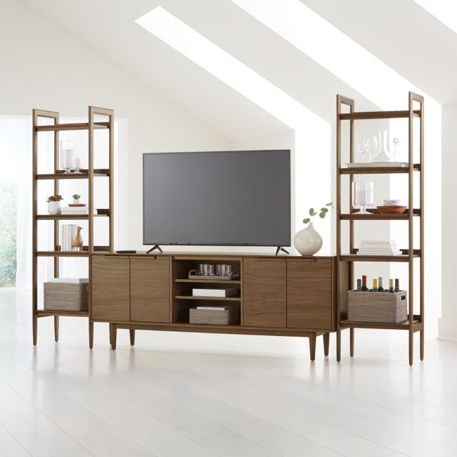 Tate 124" Walnut Storage Media Console and Bookshelf Set - Image 0