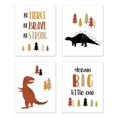 Mod Dinosaur Black And Orange Art Paper Print (Set Of 4) By Sweet Jojo Designs - Image 0