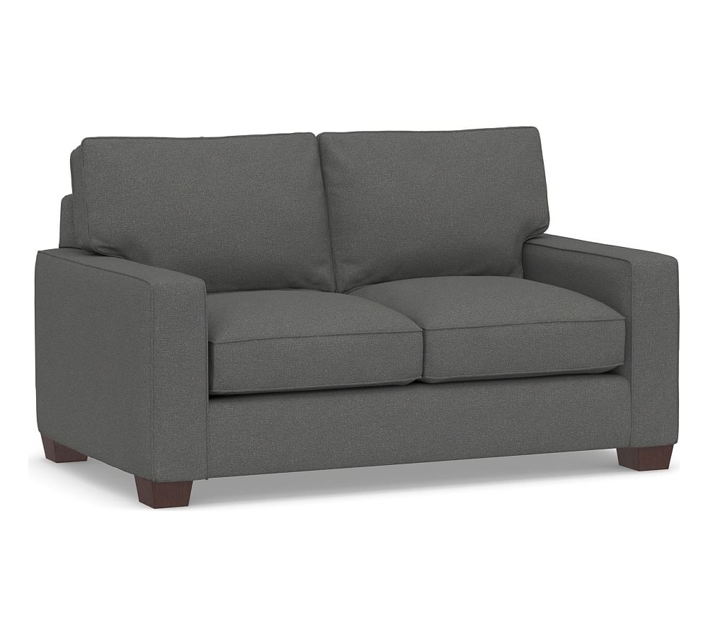 PB Comfort Square Arm Upholstered Loveseat 62", Box Edge Down Blend Wrapped Cushions, Park Weave Charcoal - Image 0
