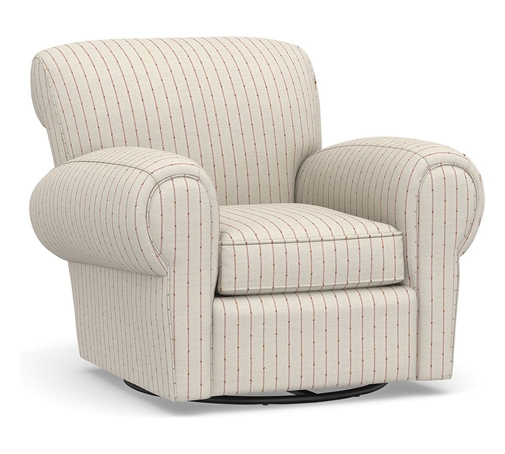 Manhattan Roll Arm Upholstered Swivel Armchair, Polyester Wrapped Cushions, Slubby Pinstripe Red - Image 0