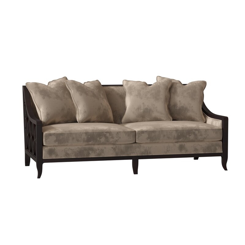 Caracole Classic Social Butterfly 75" Recessed Arm Sofa Body Fabric: Latte Velvet, Leg Color: Antique Silver/Gold - Image 0