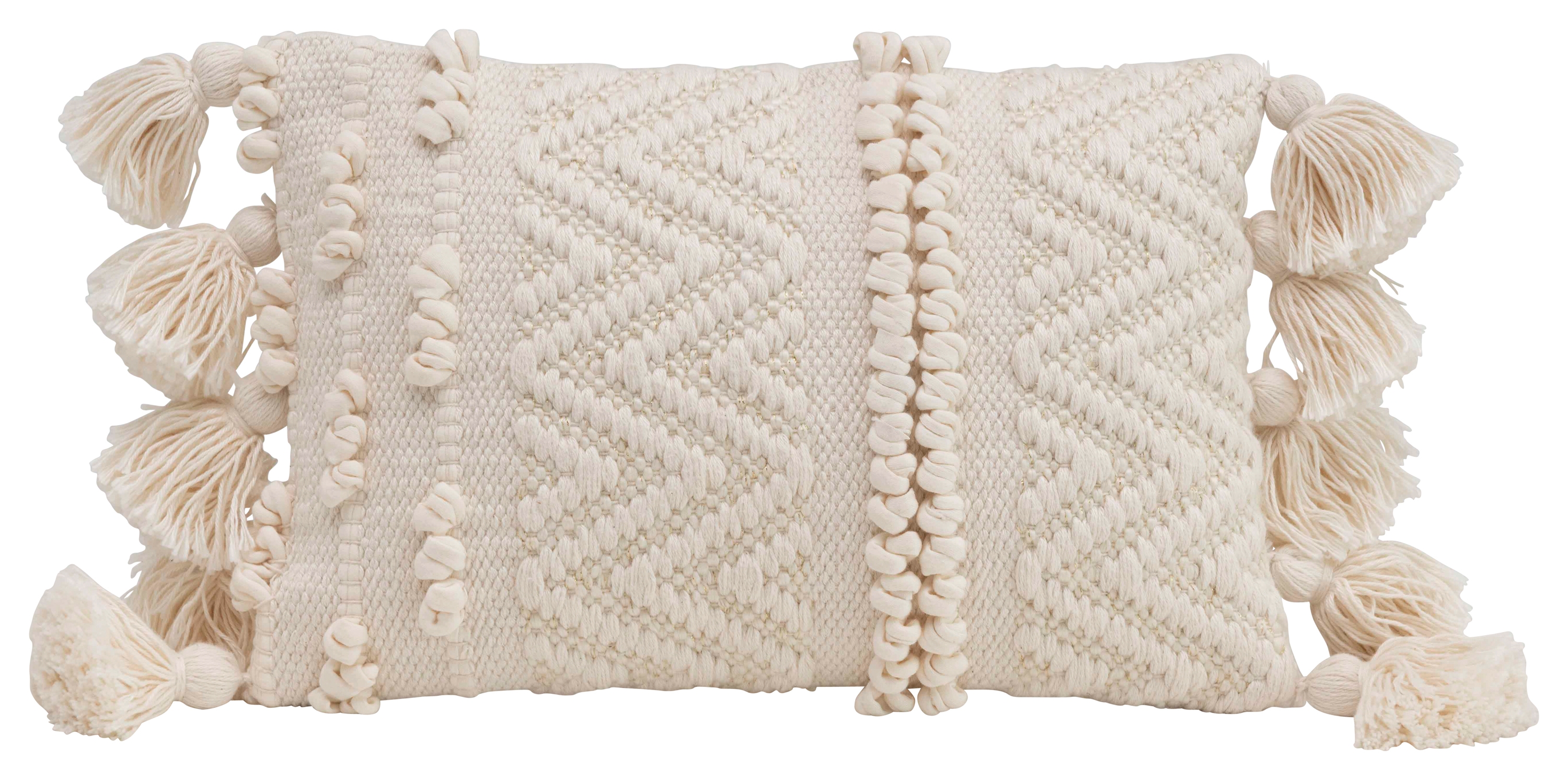 Woven Cotton Textured Lumbar Pillow with Pom Poms and Tassels, Cream - Image 0