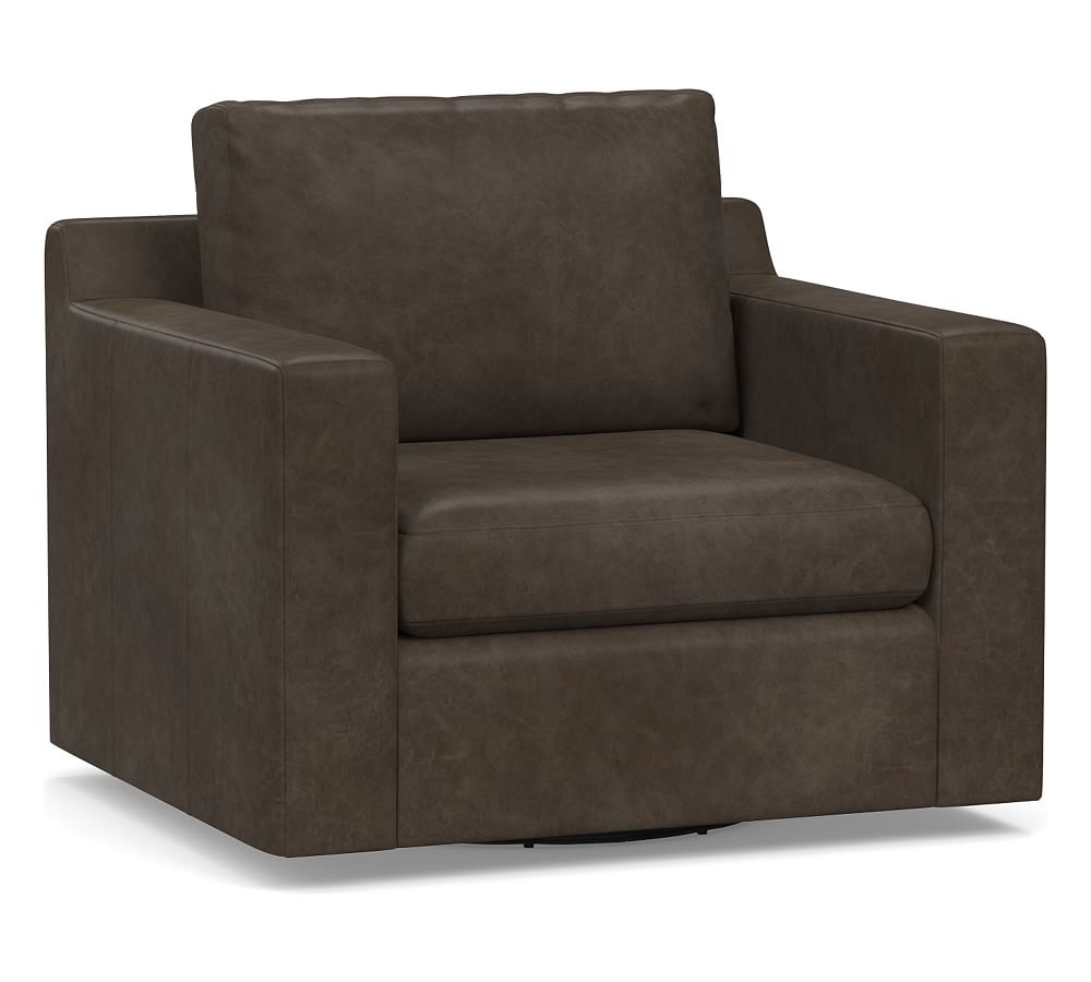 Shasta Square Arm Leather Swivel Armchair, Polyester Wrapped Cushions, Statesville Wolf Gray - Image 0