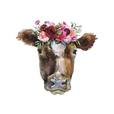 Brown Cow Head With Flowers by Ephrazy Graphics - Wrapped Canvas Graphic Art - Image 0