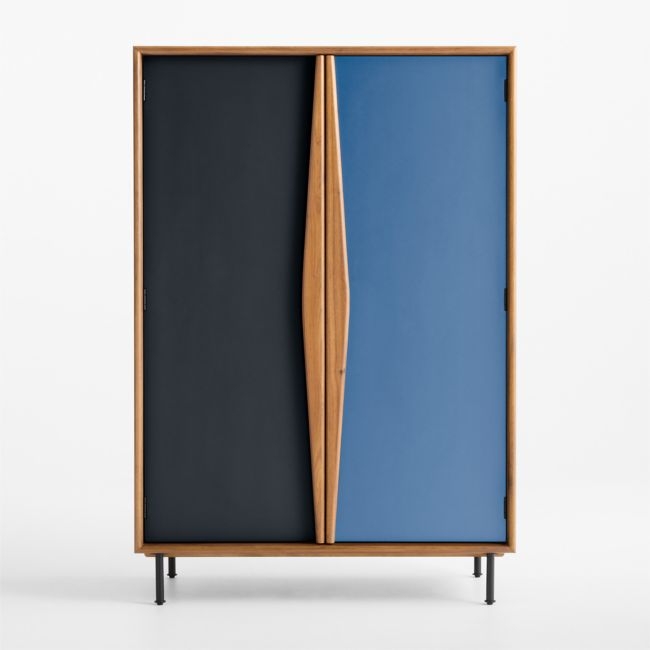 Oren Blue and Natural Walnut Wood Storage Armoire with Chalkboard - Image 0