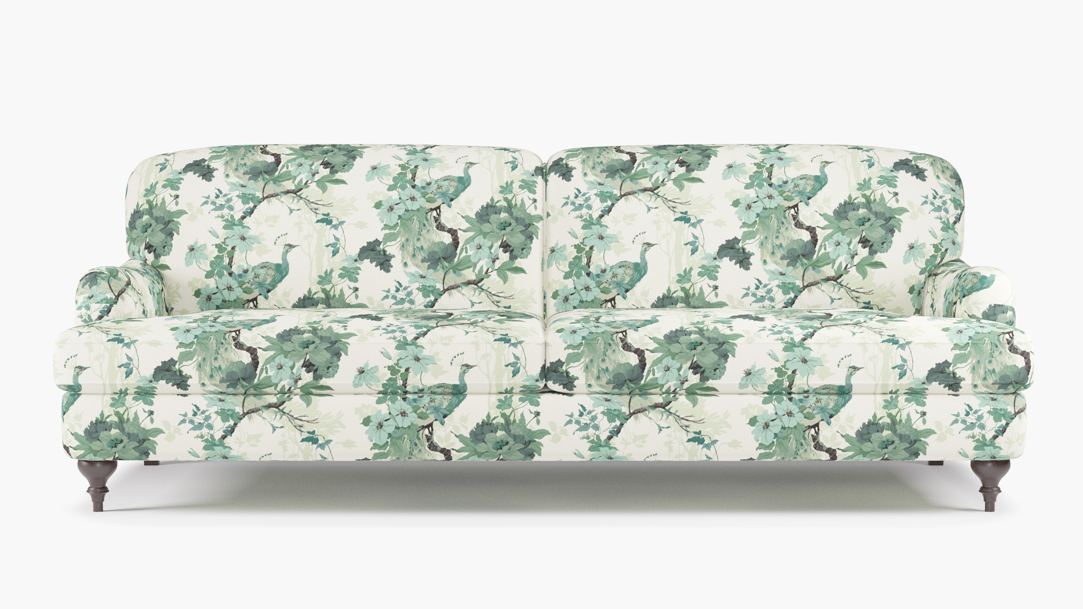 English Roll Arm Sofa, Jade Peacock Park, Espresso Turned Wood Leg - Image 0
