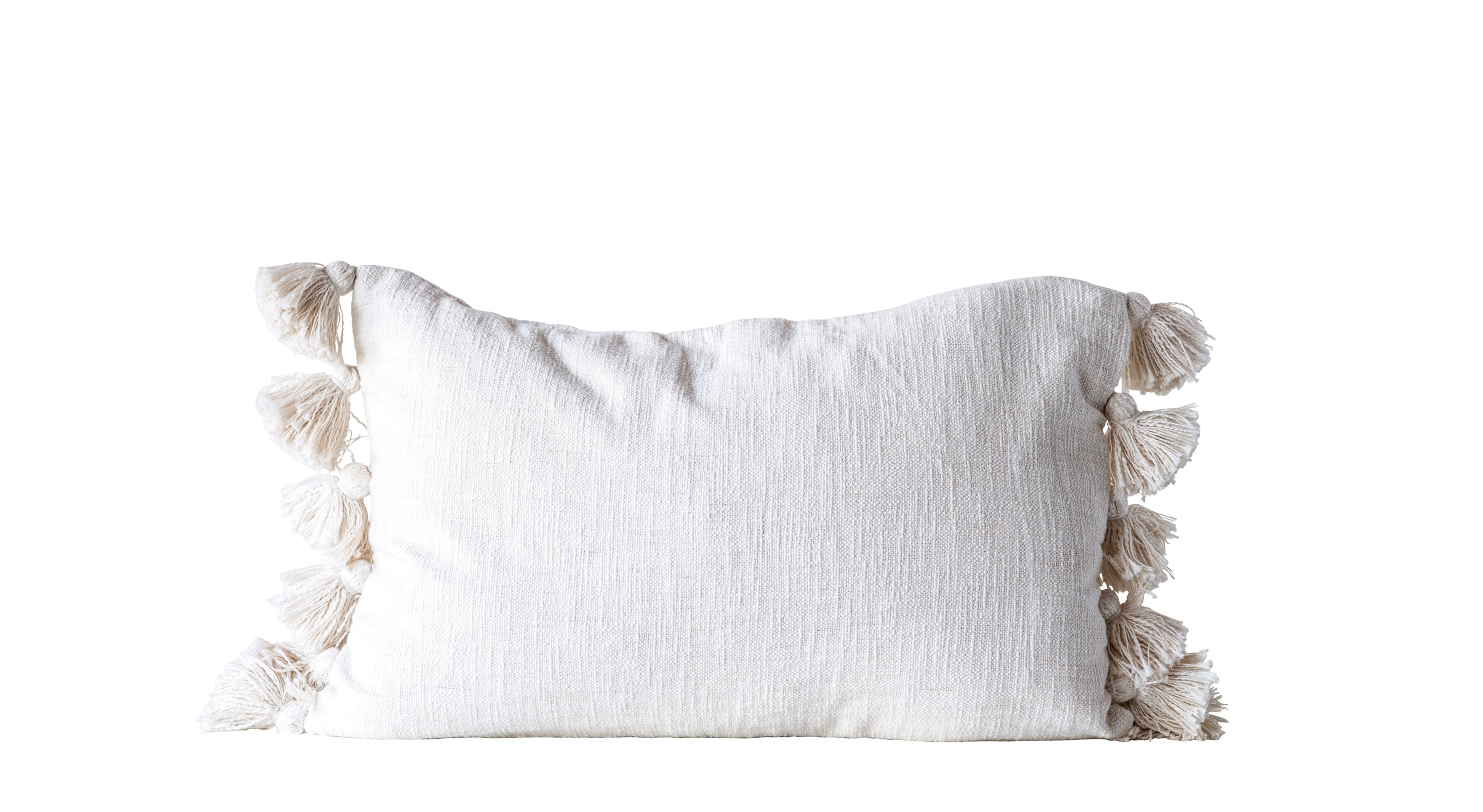 Cream Cotton Woven Slub Pillow with Plush Tassels - Image 0
