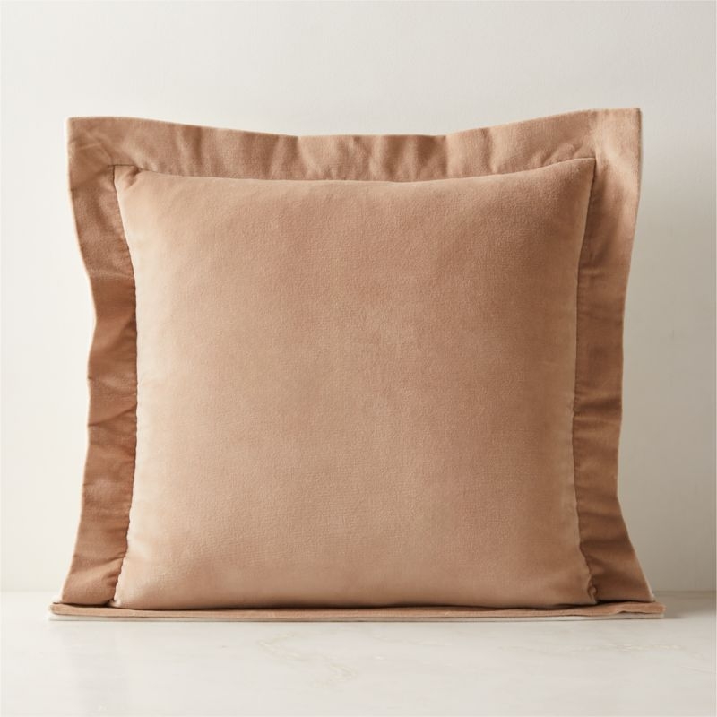 Evie Sand and Cream Velvet Reversible Throw Pillow with Down-Alternative Insert 20"x20" - Image 1