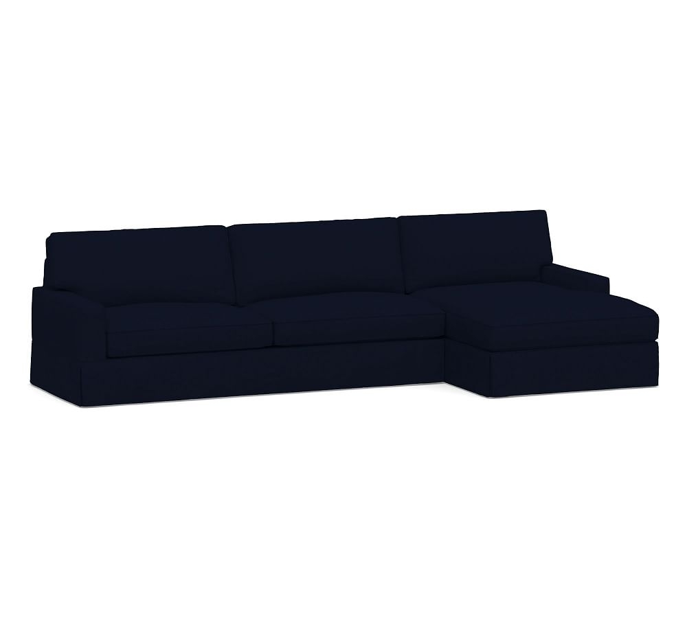 PB Comfort Square Arm Slipcovered Left Arm Sofa with Wide Chaise Sectional, Box Edge, Down Blend Wrapped Cushions, Performance Everydaylinen(TM) by Crypton(R) Home Navy - Image 0