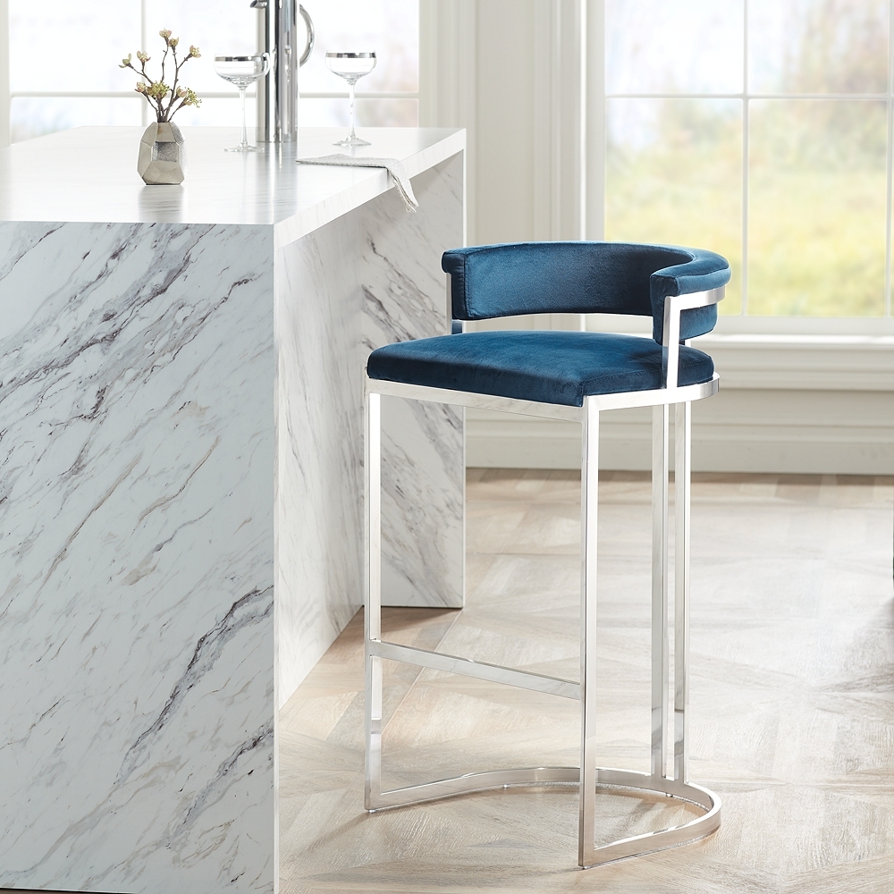 Jazmin 31" High Blue Velvet and Stainless Steel Barstool - Image 0