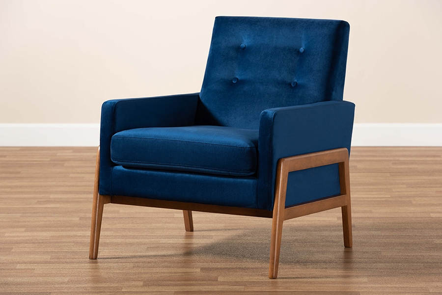 Perris Mid-Century Modern Navy Blue Velvet Fabric Upholstered and Walnut Brown Finished Wood Lounge Chair - Image 8