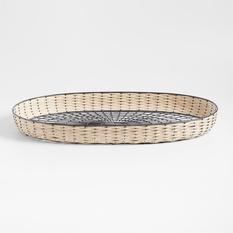 Toma Oval Black and Off White Rattan and Metal Decorative Tray 30" - Image 2