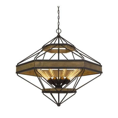 9 Bulb Chandelier With Hexagonal Metal And Wooden Frame, Brown And Bronze - Image 0