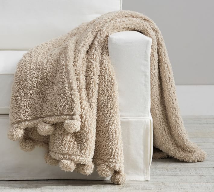 Cozy Pom Pom Sherpa Throw Blanket, 50 x 60", Light Khaki - Image 0