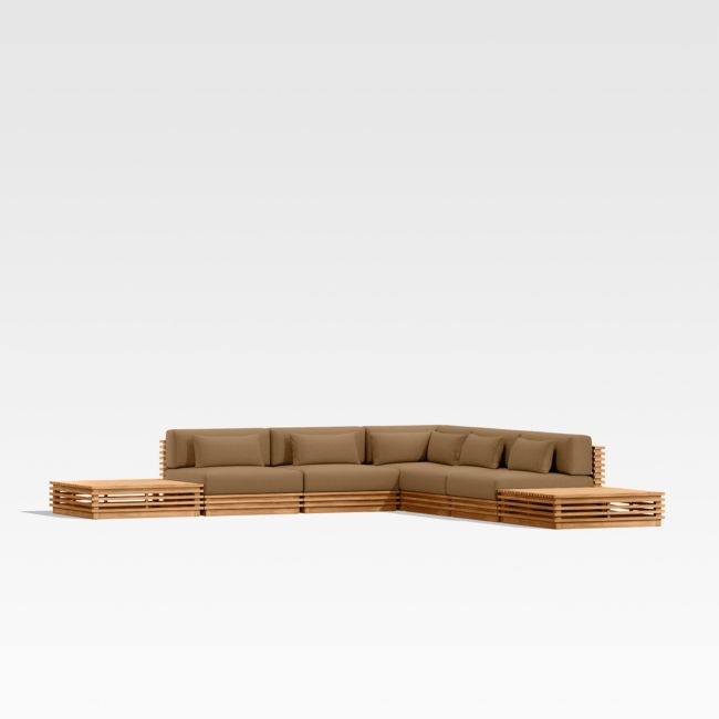 Batten Natural Teak 7-Piece L-Shaped Outdoor Sectional Sofa with Side Coffee Tables & Cast Teak Brown Sunbrella ® Cushions - Image 0