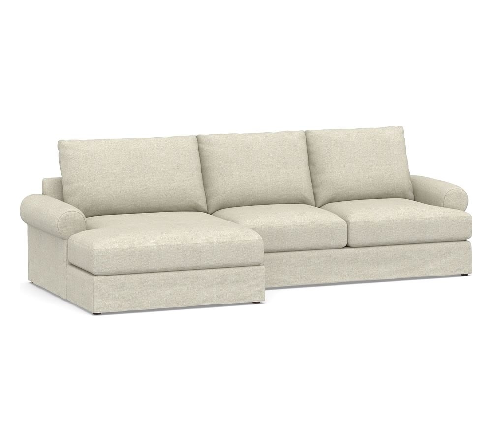 Canyon Roll Arm Slipcovered Right Arm Loveseat with Double Chaise Sectional, Down Blend Wrapped Cushions, Performance Heathered Basketweave Alabaster White - Image 0