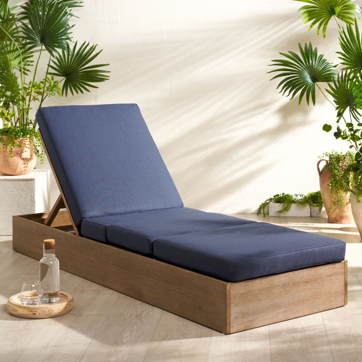 Vincent Wood Chaise Lounge Chair - Natural/Navy - Image 1