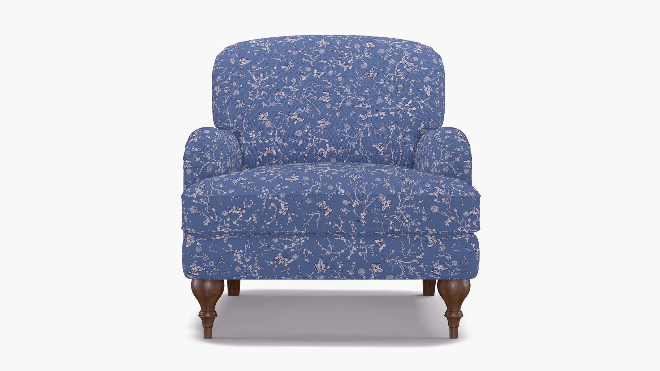 English Roll Arm Chair, Blue Mariposa, Walnut Turned Wood Leg - Image 0