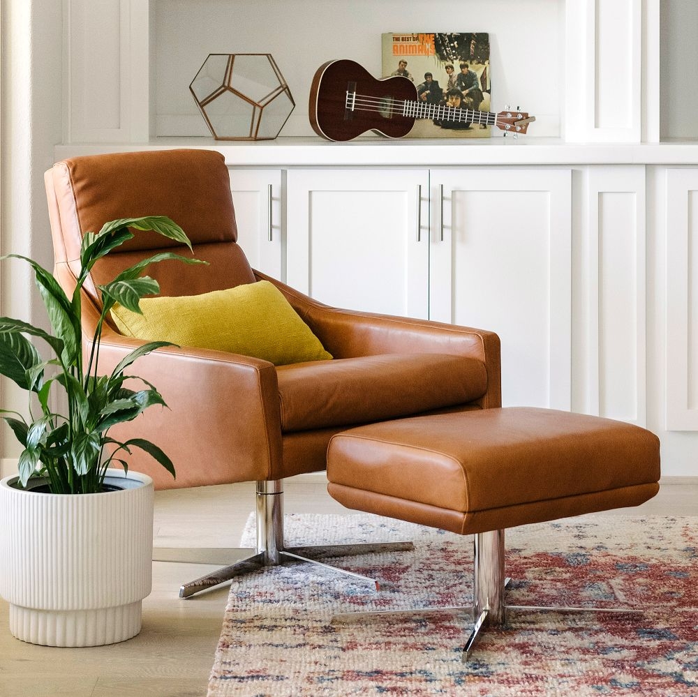 Austin Leather Swivel Armchair & Ottoman Set, Aspen Leather, Chestnut - Image 2