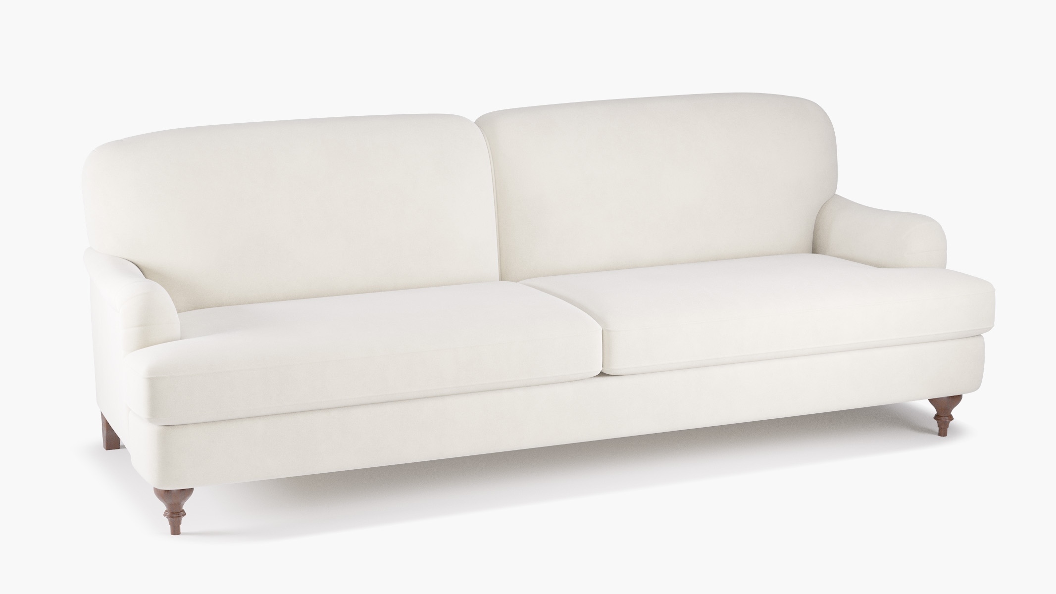 English Roll Arm Sofa, White Performance Velvet, Walnut Turned Wood Leg - Image 1