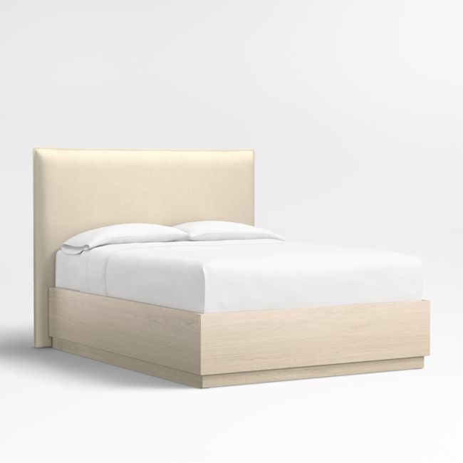 Arvada 54" Ivory Upholstered Queen Headboard with Batten White Oak Storage Bed Base - Image 0