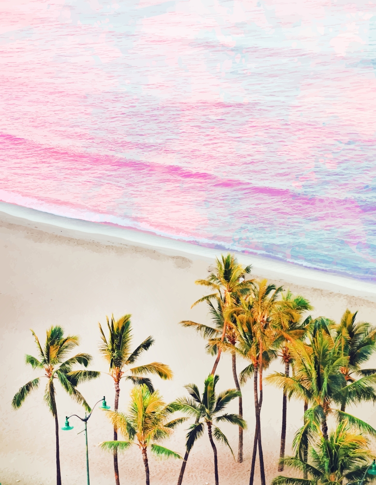 Pink Ocean | Dreamy Scenic Tropical Beach Travel | Blush Nature Sea Beach Coconut Trees Art Print by 83 Oranges Modern Bohemian Prints - Large - Image 1