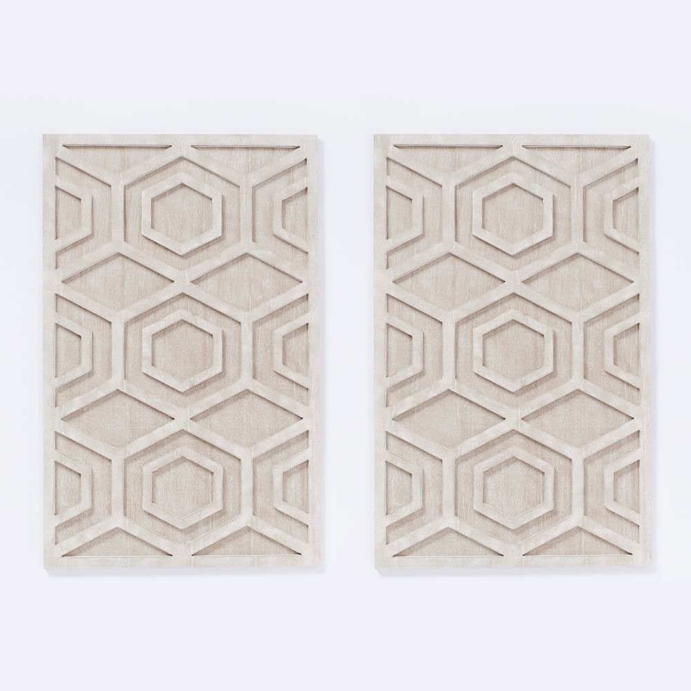 Graphic Wood Wall Art, White, Hexagon, Set of 2 - Image 0