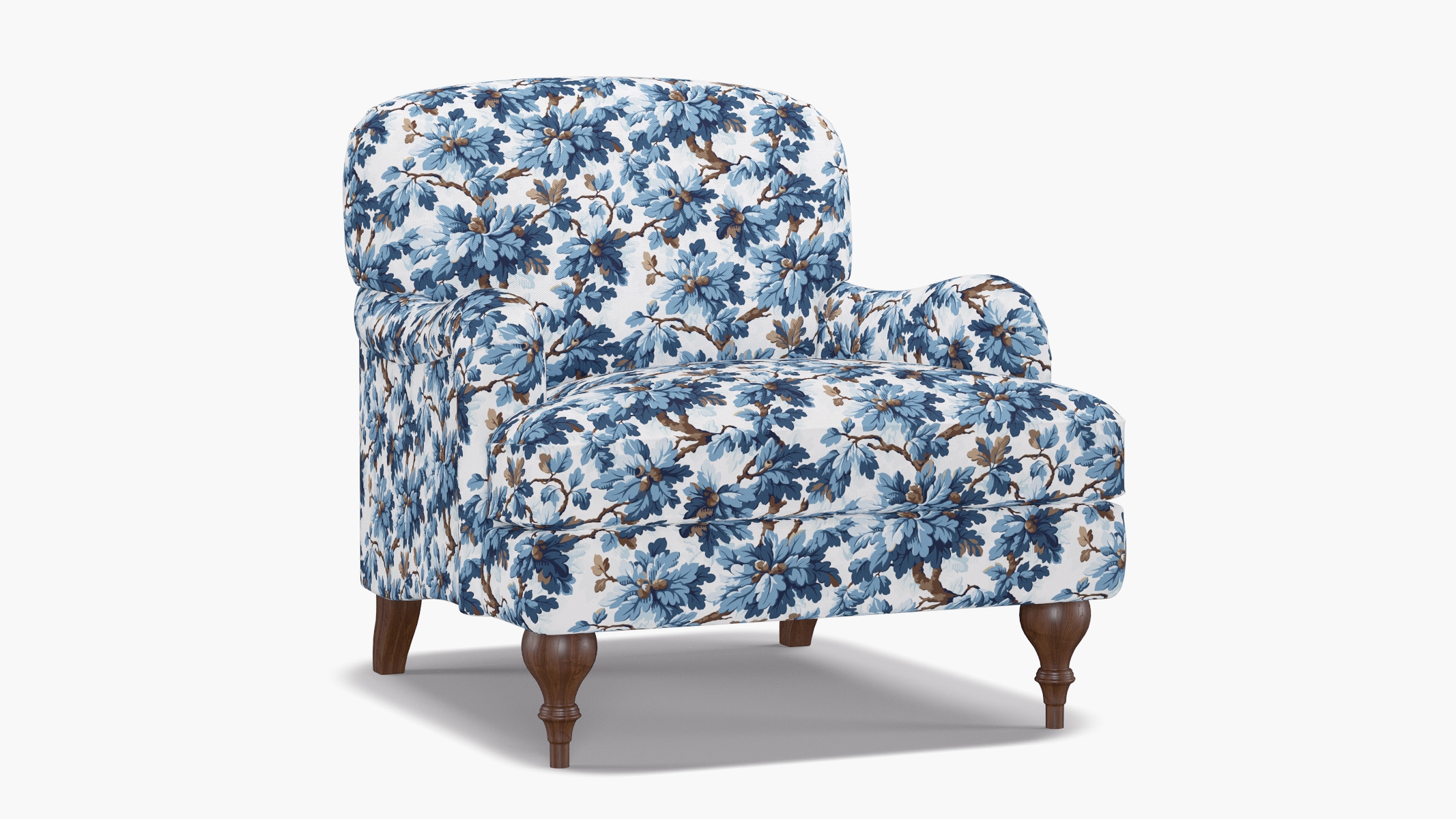 English Roll Arm Chair, Delft Woodland, Walnut Turned Wood Leg - Image 1