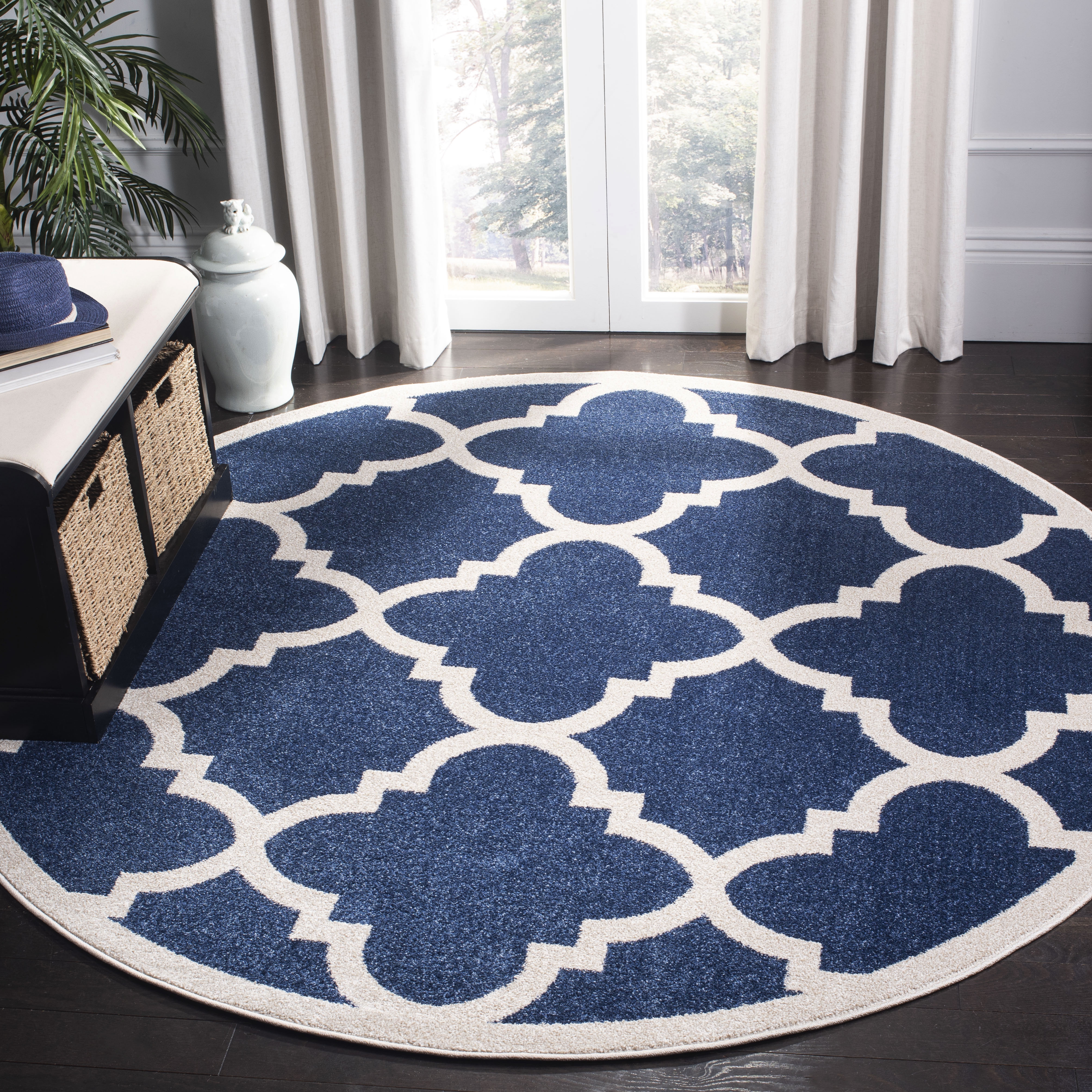 Arlo Home Indoor/Outdoor Woven Area Rug, AMT423P, Navy/Beige,  7' X 7' Round - Image 1