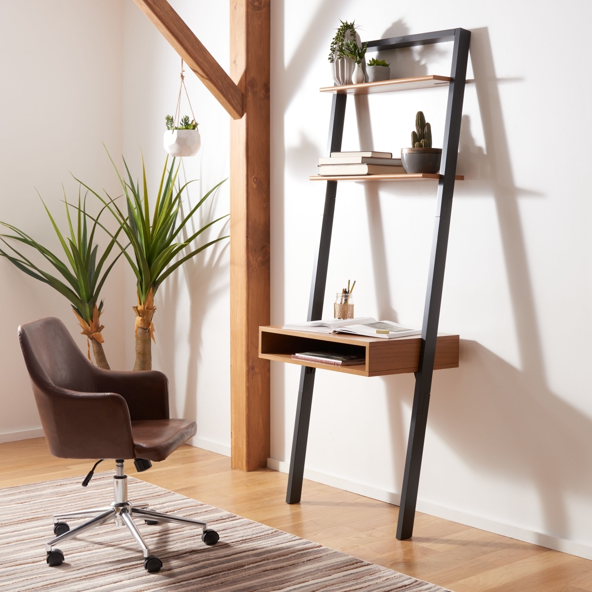 Kamy 2 Shelf Leaning Desk - Natural / Charcoal - Safavieh - Image 1
