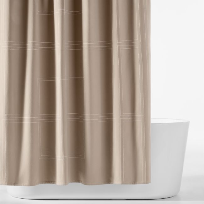 Organic Cotton Sateen Embroidered Taupe and Bright White Shower Curtain - Image 0