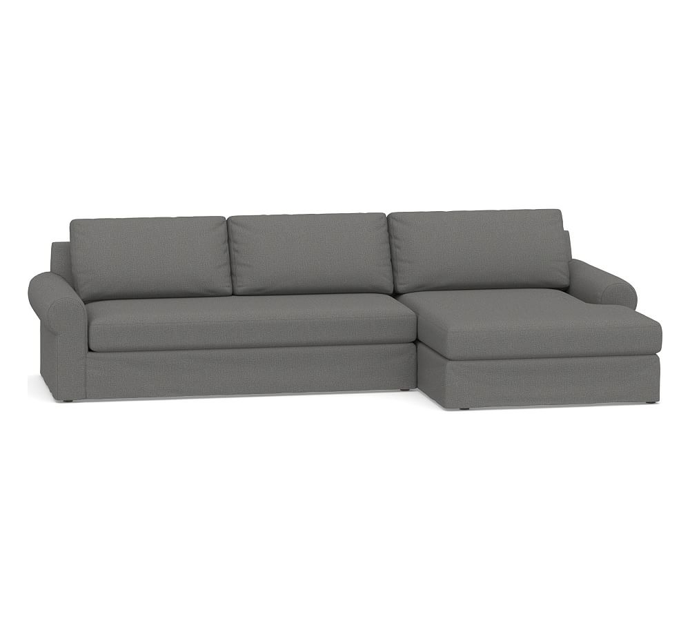 Big Sur Roll Arm Slipcovered Left Arm Sofa with Double Chaise Sectional and Bench Cushion, Down Blend Wrapped Cushions, Performance Brushed Basketweave Slate - Image 0
