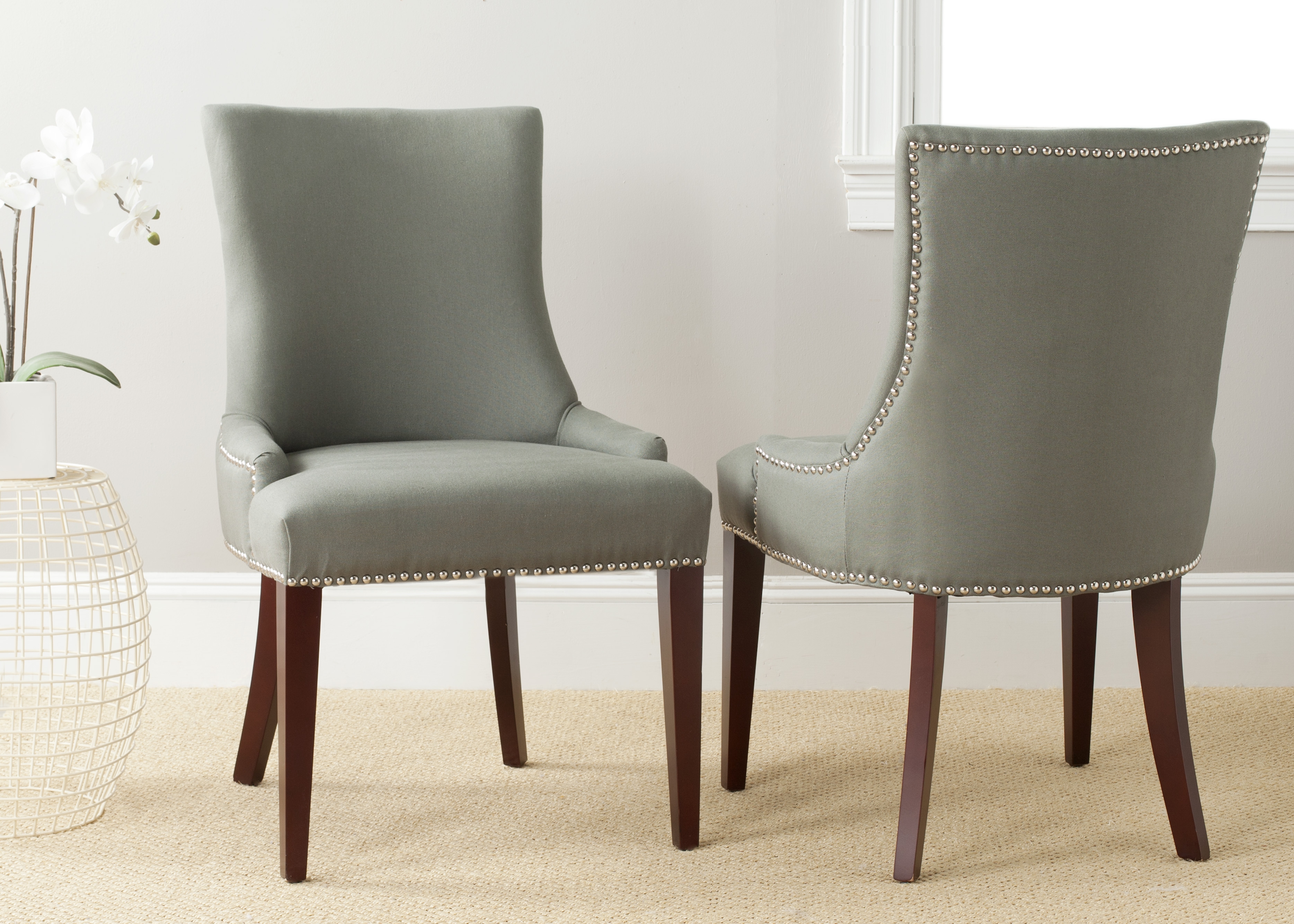 Becca 19''H Leather Side Chair - Silver Nail Heads - Sea Mist/Cherry Mahogany - Arlo Home - Image 2