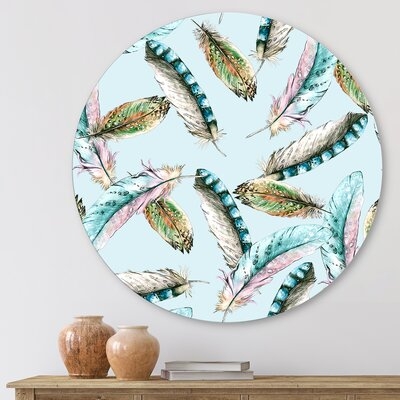 Green Bird Feathers On Blue - Bohemian & Eclectic Metal Circle Wall Art - Image 0