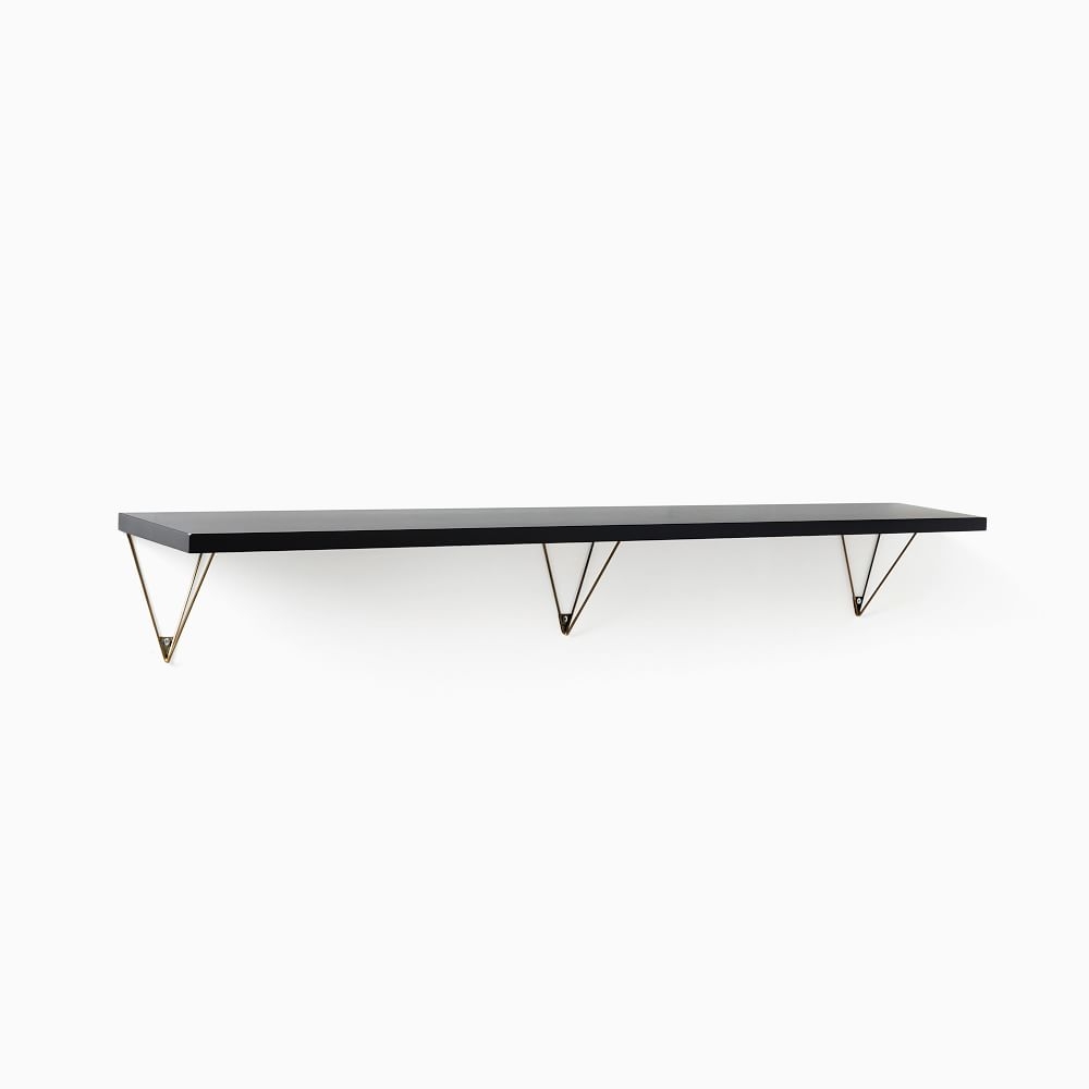 Linear Black Lacquer Shelf 4FT, Prism Brackets in Antique Brass - Image 0